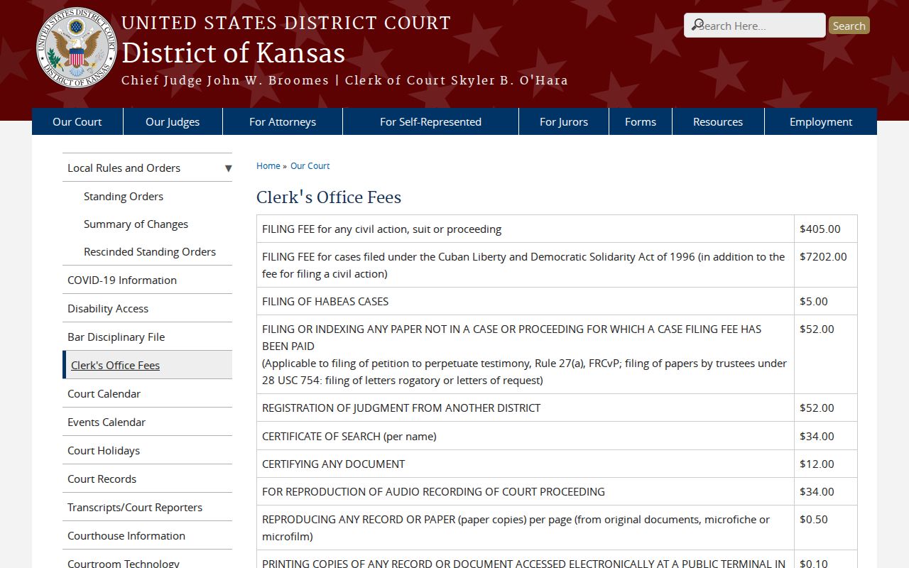 Grant County federal court records clerk fee schedule